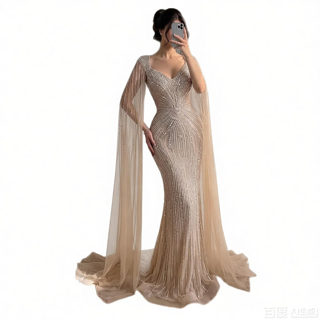Luxury Nude Beaded Mermaid Evening Dress with Cape CLA73741