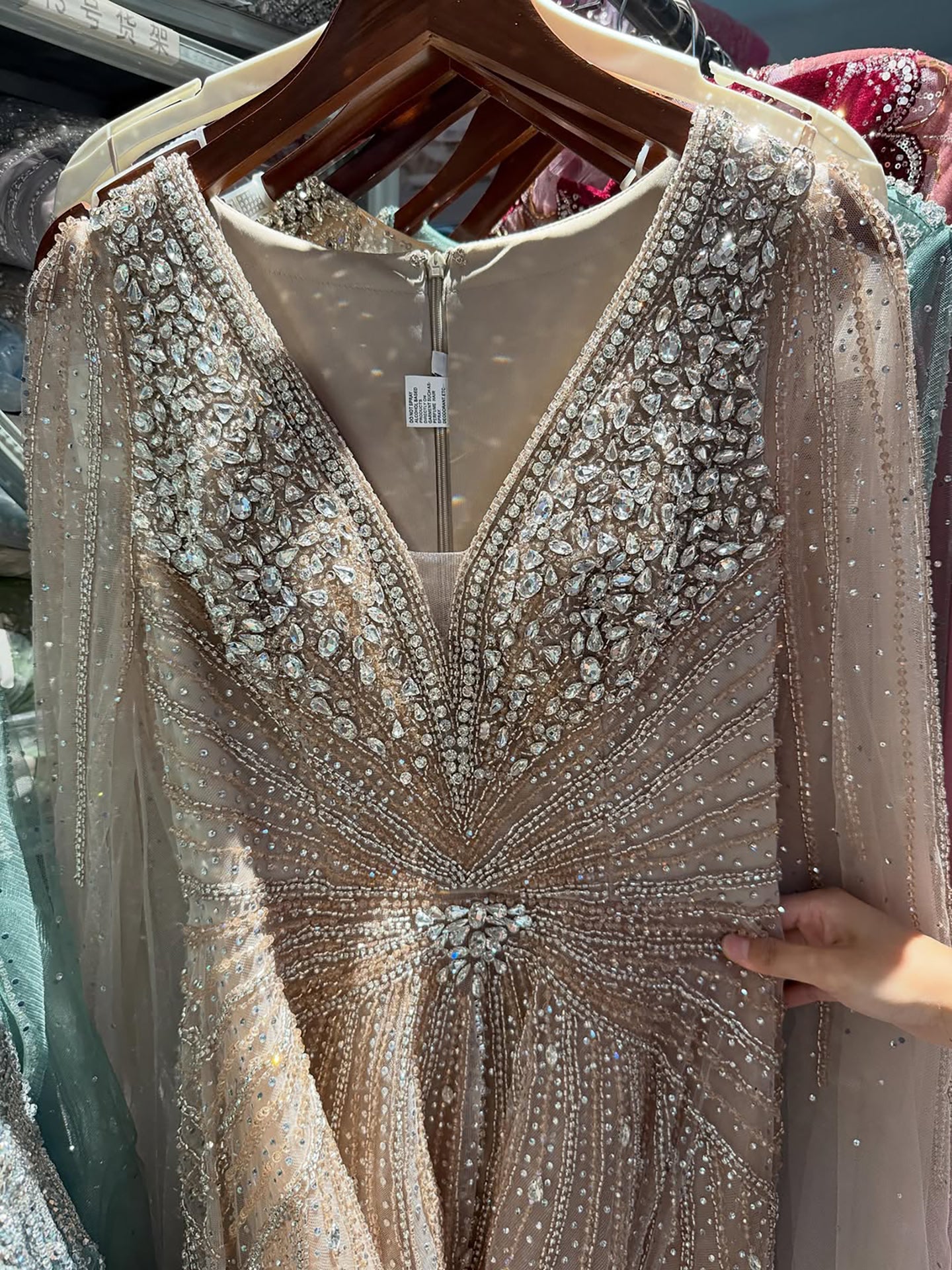 Luxury Nude Crystal Beaded A Line Dress with Cape Sleeves LA73742