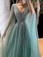 Luxury Nude Crystal Beaded A Line Dress with Cape Sleeves LA73742