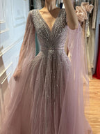 Luxury Nude Crystal Beaded A Line Dress with Cape Sleeves LA73742