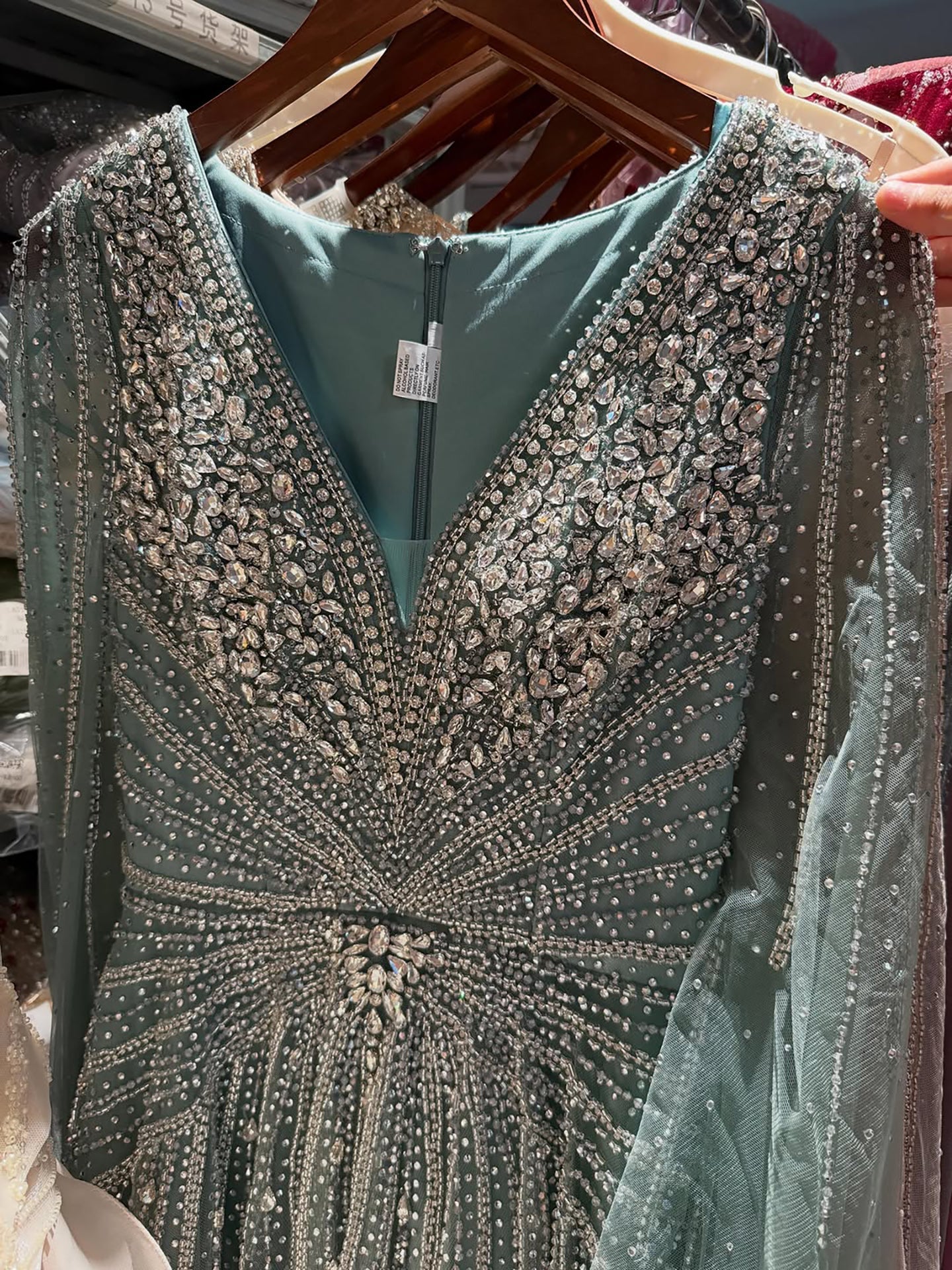 Luxury Nude Crystal Beaded A Line Dress with Cape Sleeves LA73742