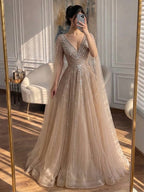 Luxury Nude Crystal Beaded A Line Dress with Cape Sleeves LA73742
