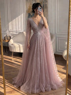 Luxury Nude Crystal Beaded A Line Dress with Cape Sleeves LA73742