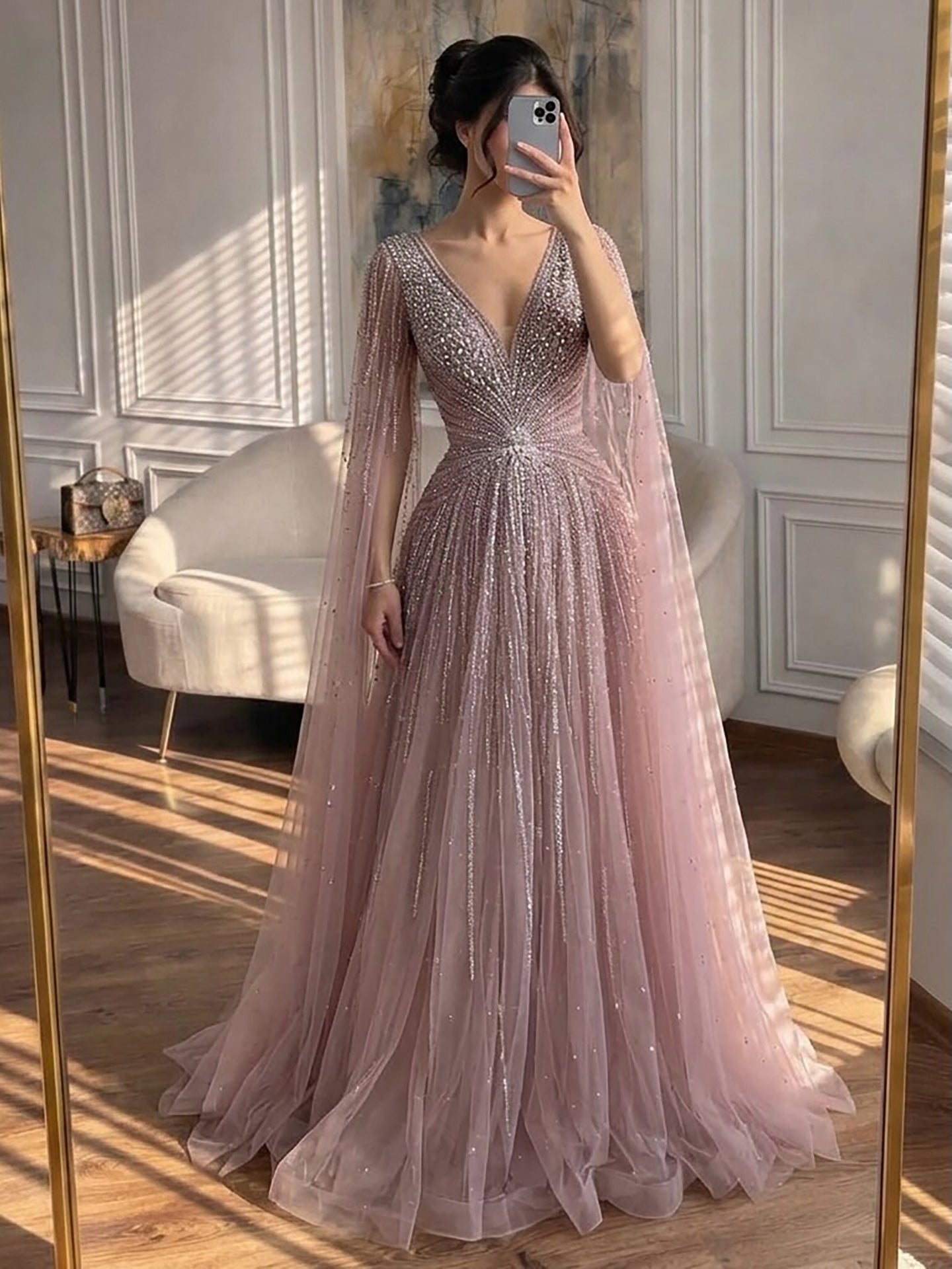 Luxury Nude Crystal Beaded A Line Dress with Cape Sleeves LA73742