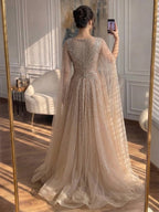 Luxury Nude Crystal Beaded A Line Dress with Cape Sleeves LA73742