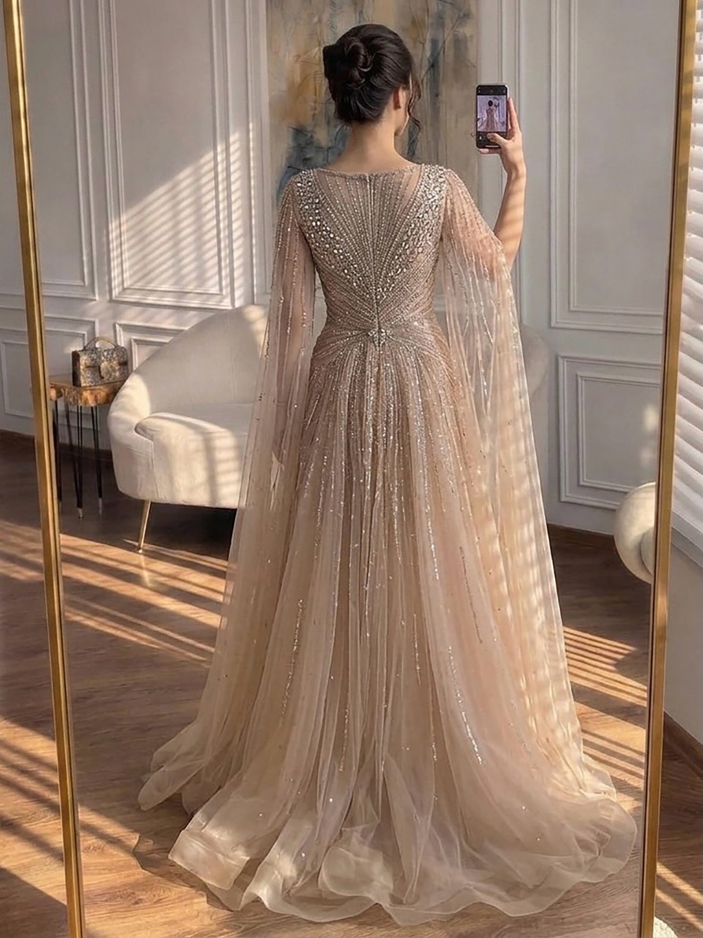 Luxury Nude Crystal Beaded A Line Dress with Cape Sleeves LA73742