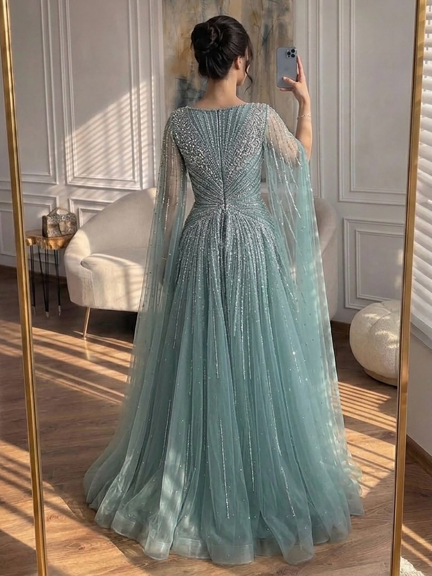 Luxury Nude Crystal Beaded A Line Dress with Cape Sleeves LA73742