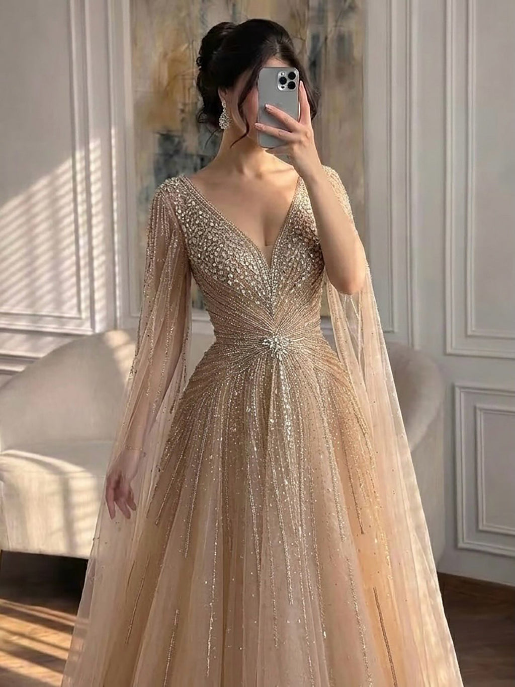 Luxury Nude Crystal Beaded A Line Dress with Cape Sleeves LA73742