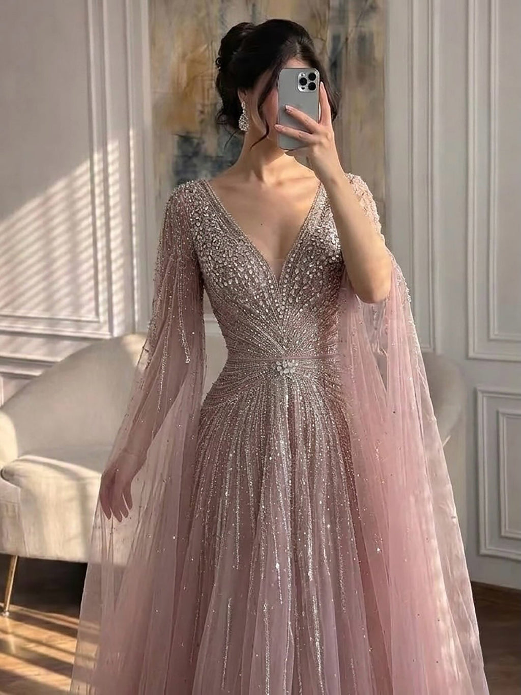 Luxury Nude Crystal Beaded A Line Dress with Cape Sleeves LA73742