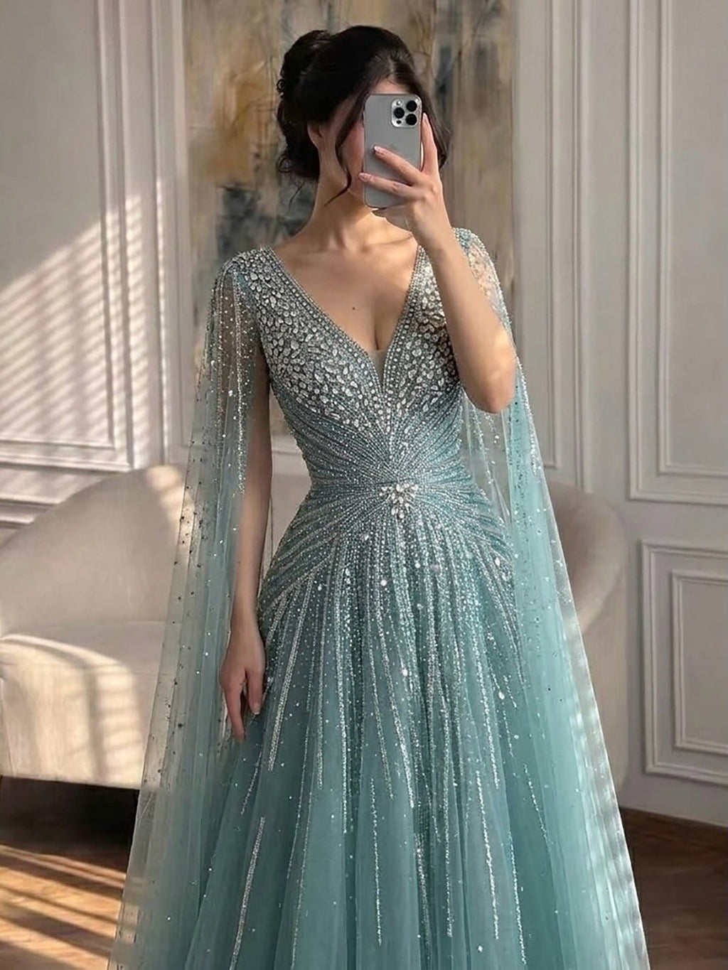 Luxury Nude Crystal Beaded A Line Dress with Cape Sleeves LA73742