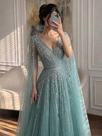 Luxury Nude Crystal Beaded A Line Dress with Cape Sleeves LA73742