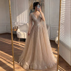 Luxury Nude Crystal Beaded A Line Dress with Cape Sleeves LA73742
