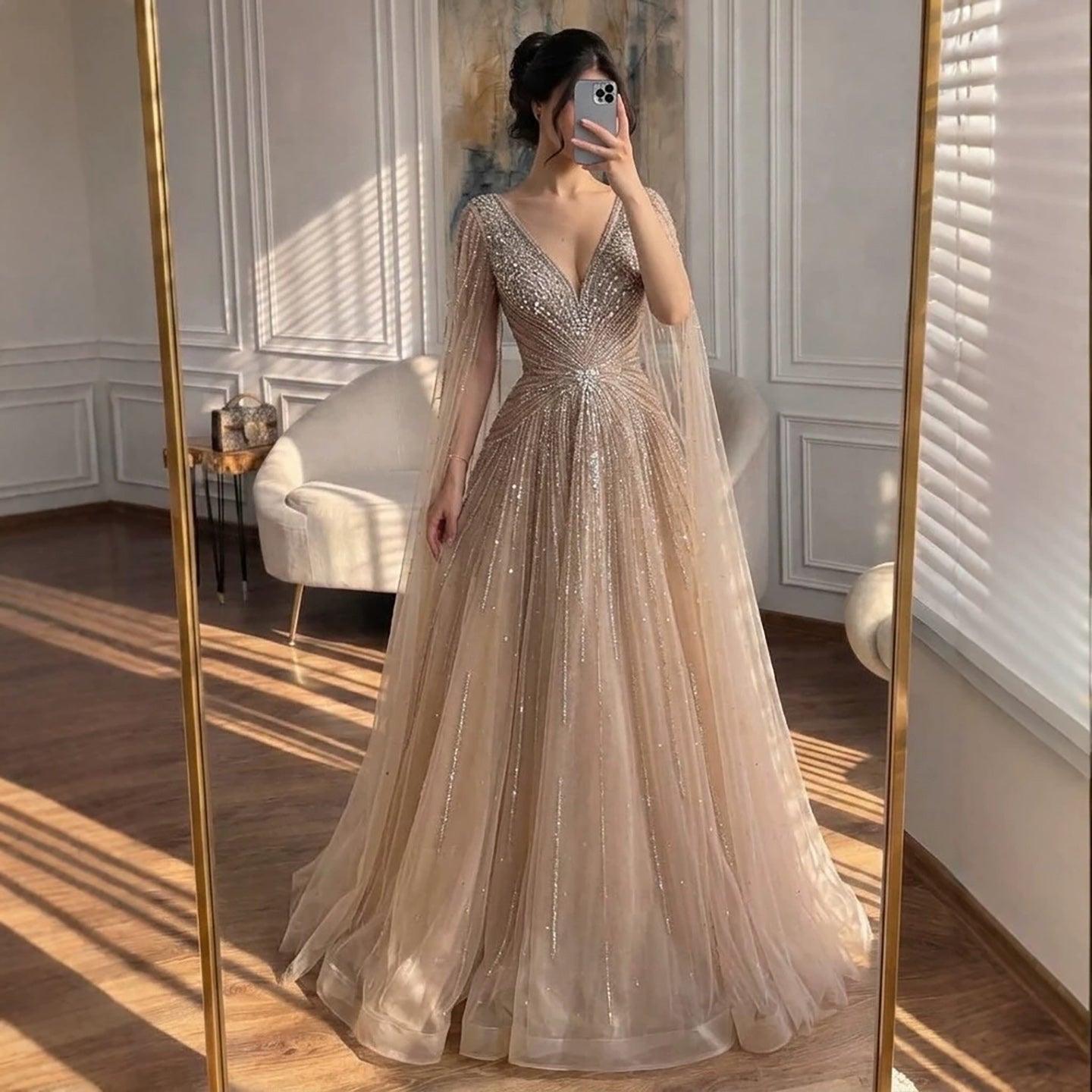Luxury Nude Crystal Beaded A Line Dress with Cape Sleeves LA73742