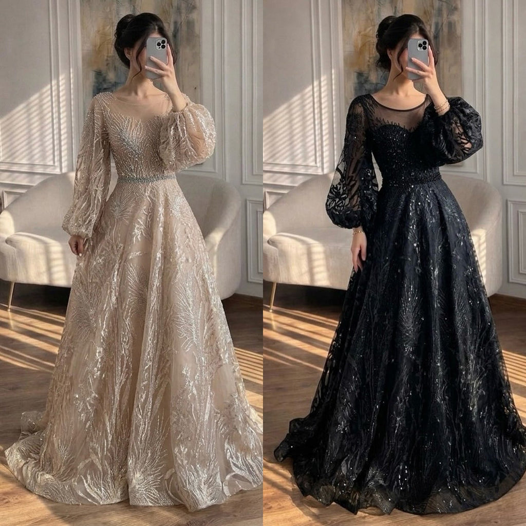 Luxury Nude Illusion Neck Beaded A-Line Gown with Puff Sleeves LA73745