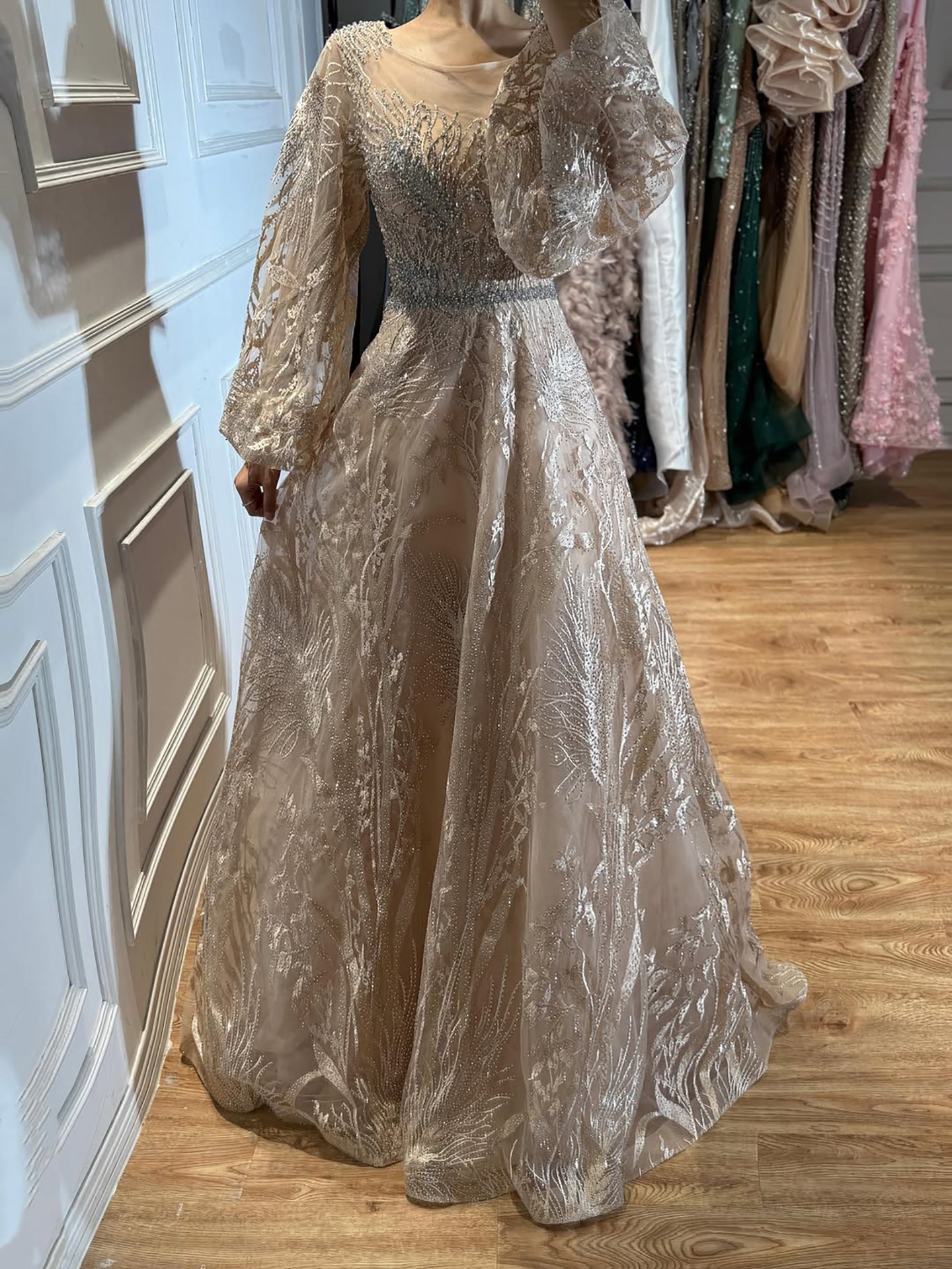 Luxury Nude Illusion Neck Beaded A-Line Gown with Puff Sleeves LA73745