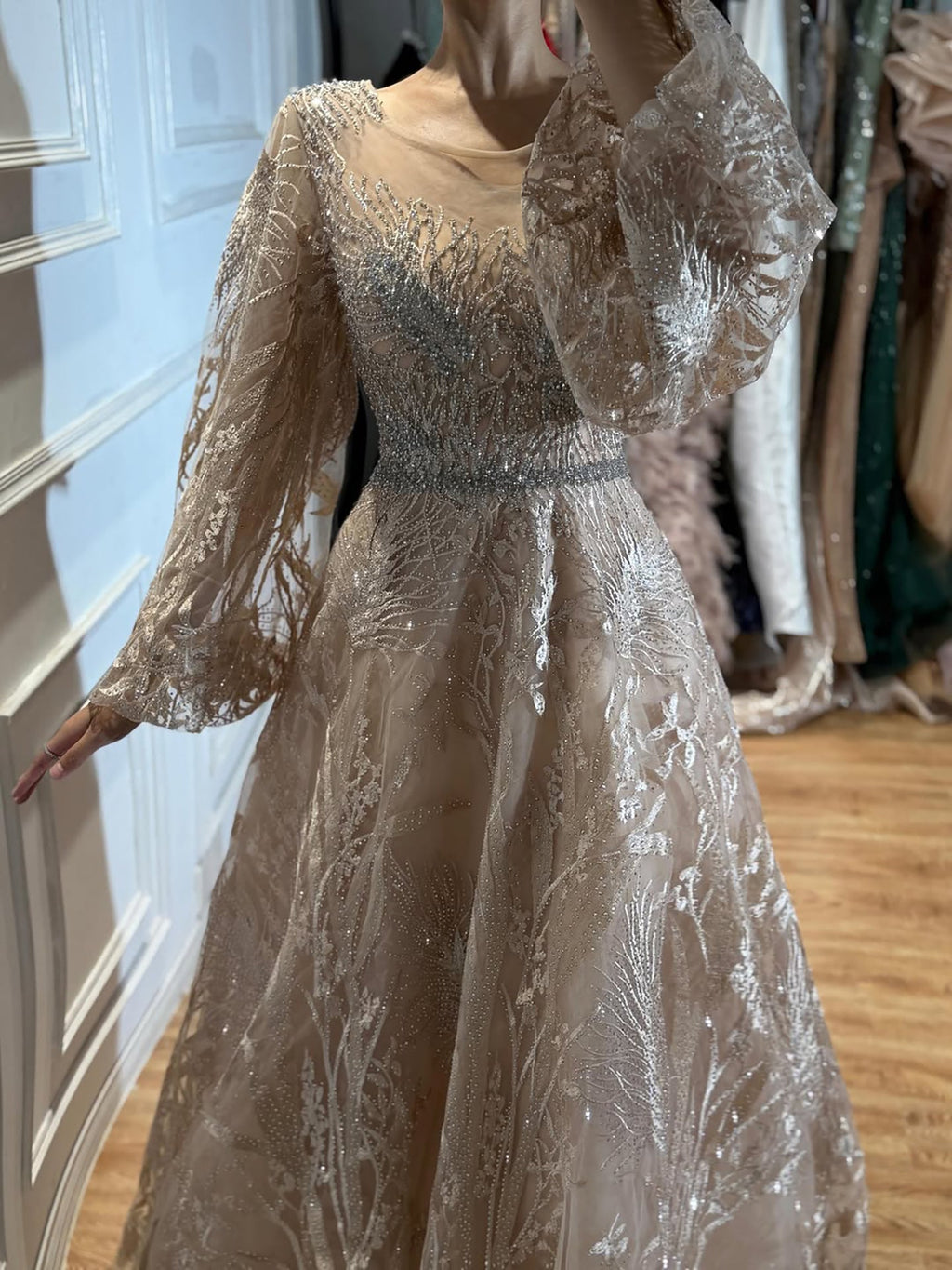 Luxury Nude Illusion Neck Beaded A-Line Gown with Puff Sleeves LA73745