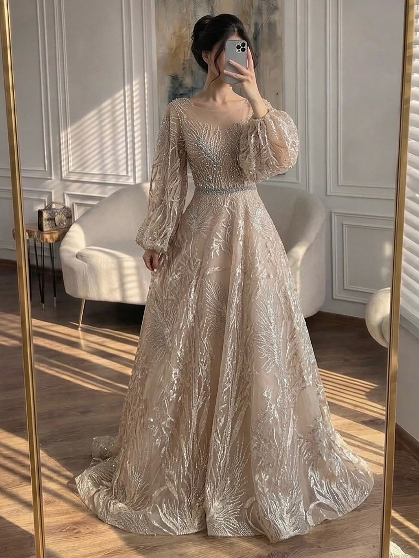 Luxury Nude Illusion Neck Beaded A-Line Gown with Puff Sleeves LA73745