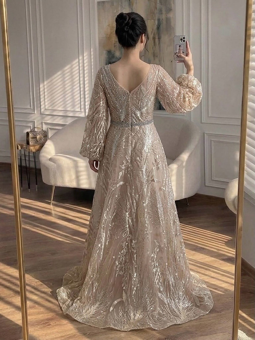 Luxury Nude Illusion Neck Beaded A-Line Gown with Puff Sleeves LA73745