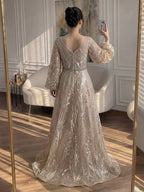 Luxury Nude Illusion Neck Beaded A-Line Gown with Puff Sleeves LA73745