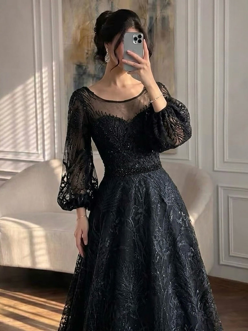 Luxury Nude Illusion Neck Beaded A-Line Gown with Puff Sleeves LA73745