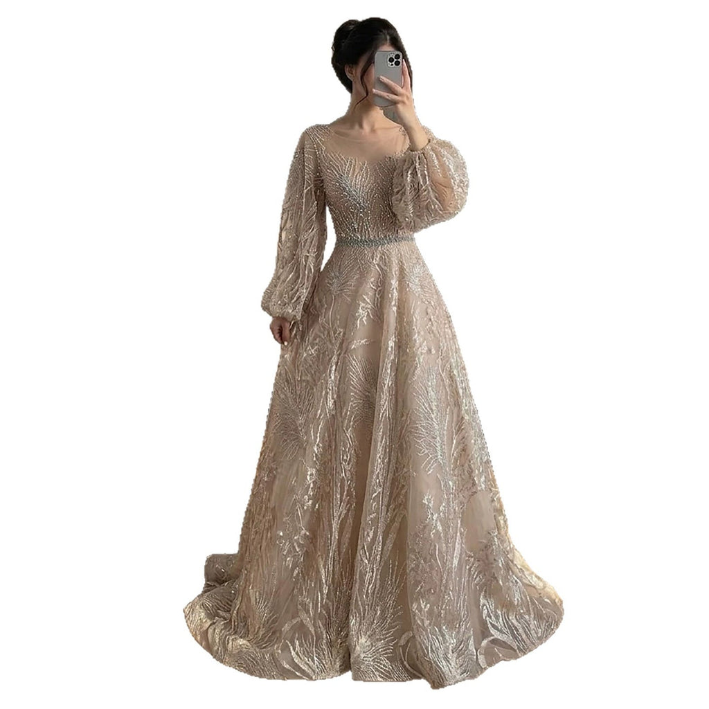 Luxury Nude Illusion Neck Beaded A-Line Gown with Puff Sleeves LA73745