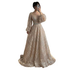 Luxury Nude Illusion Neck Beaded A-Line Gown with Puff Sleeves LA73745