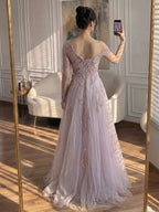 Luxury Pink Beaded One Shoulder A Line Evening Dress LA73746