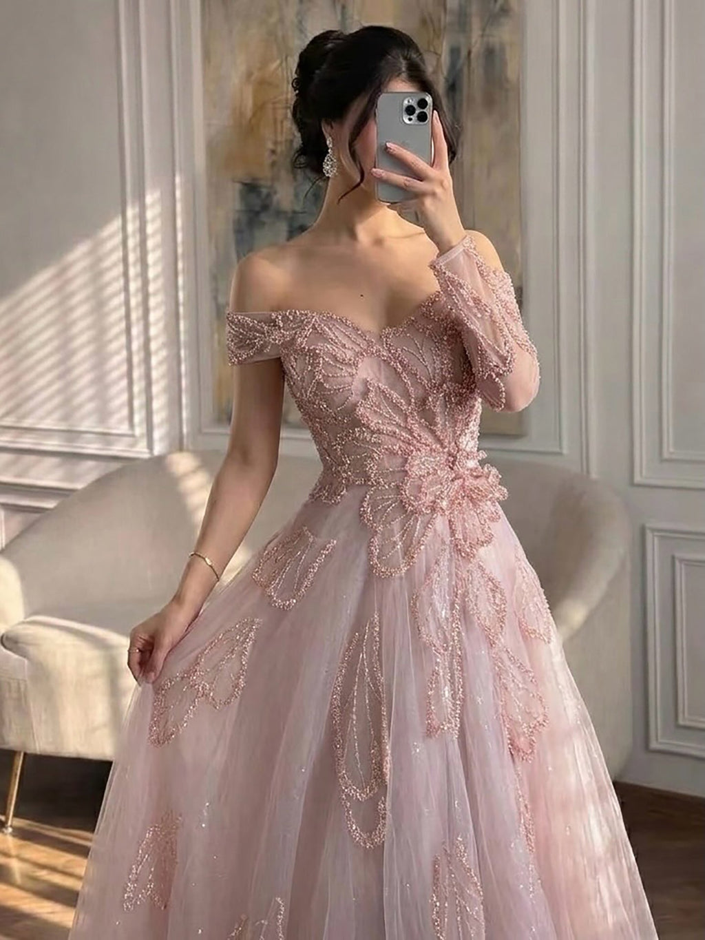 Luxury Pink Beaded One Shoulder A Line Evening Dress LA73746