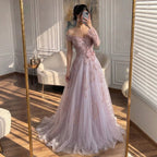 Luxury Pink Beaded One Shoulder A Line Evening Dress LA73746