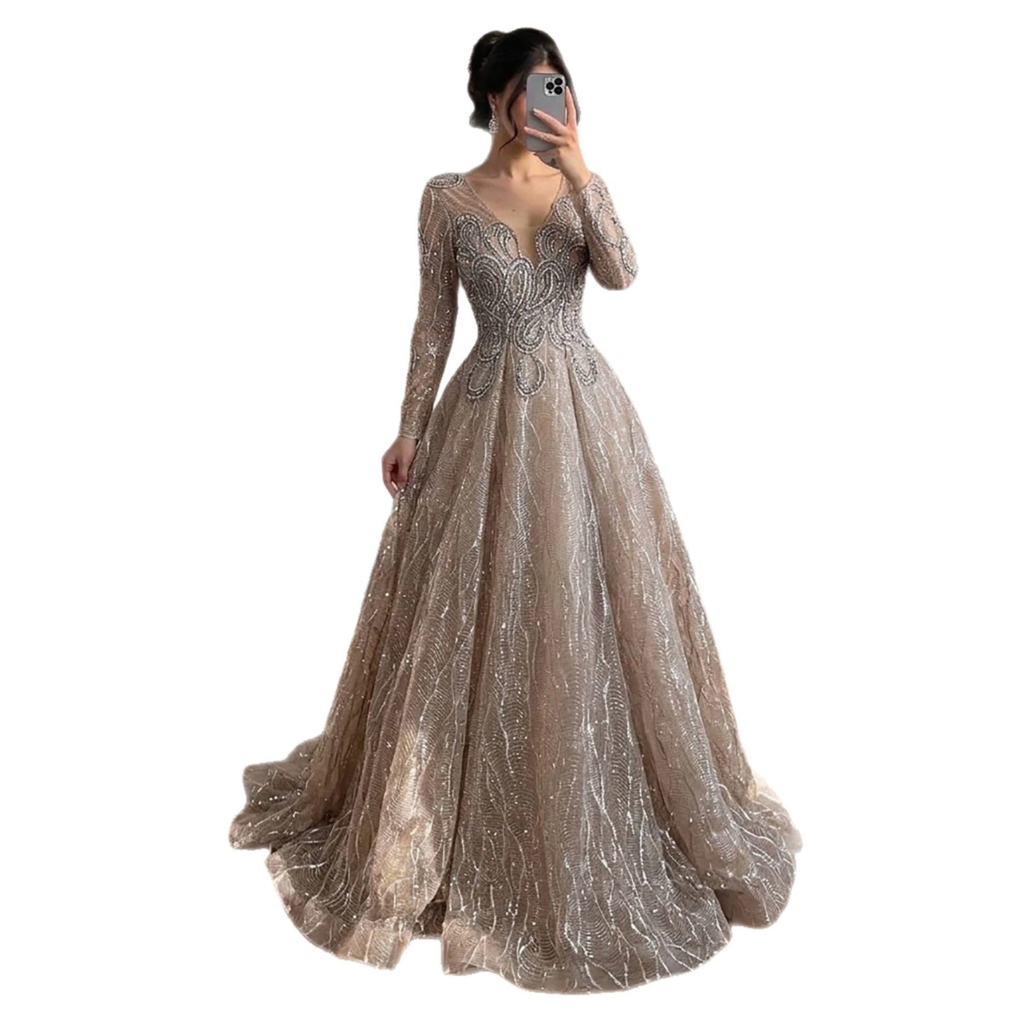 Luxury Nude Beaded V Neck Long Sleeve A Line Evening Dress LA73747