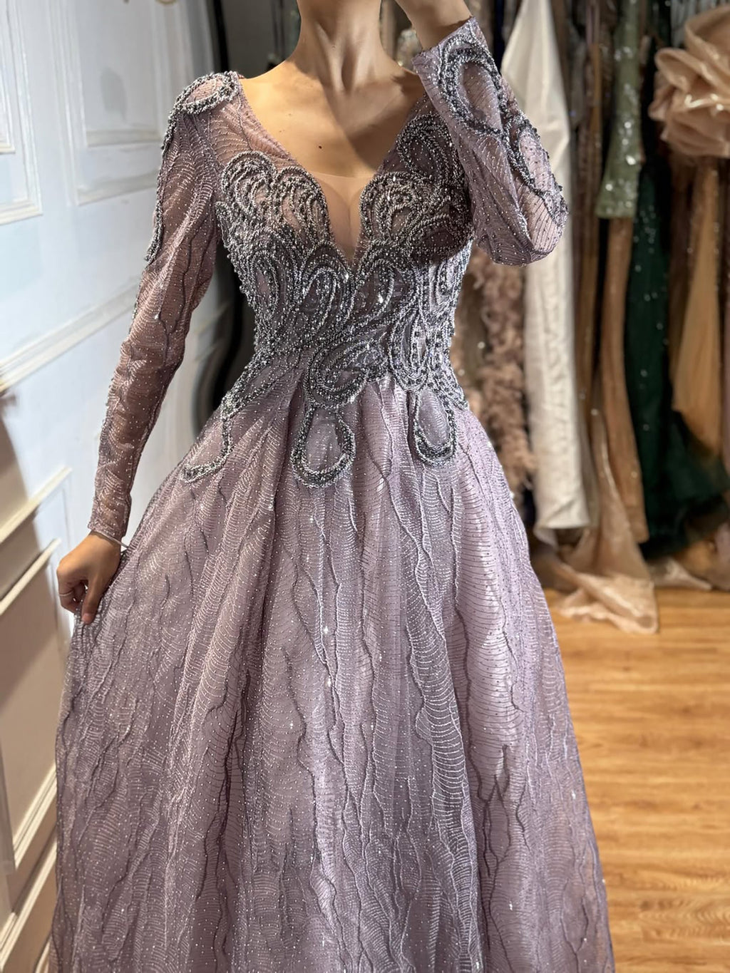 Luxury Nude Beaded V Neck Long Sleeve A Line Evening Dress LA73747