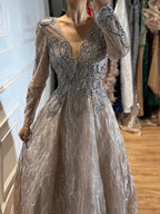 Luxury Nude Beaded V Neck Long Sleeve A Line Evening Dress LA73747