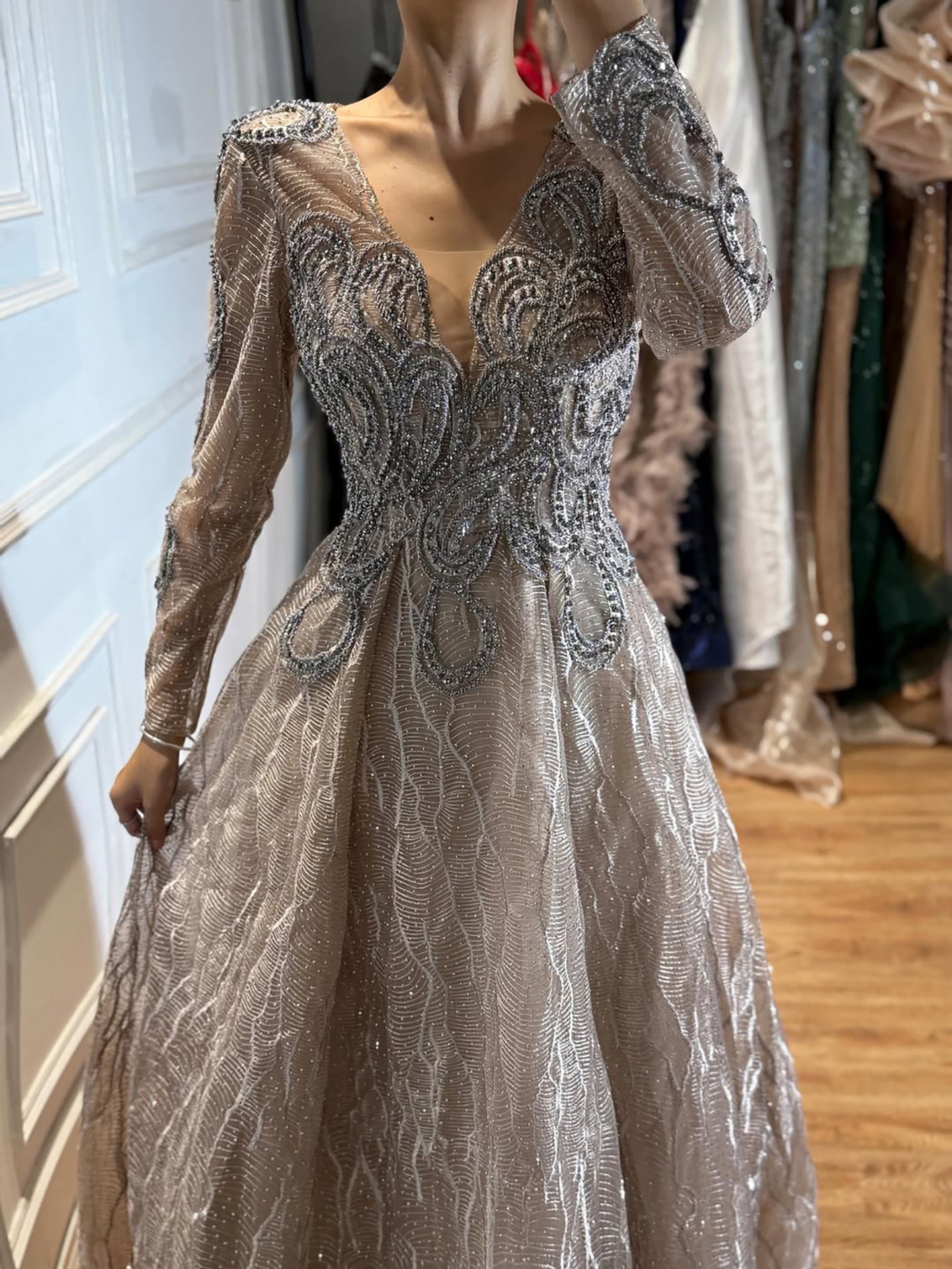 Luxury Nude Beaded V Neck Long Sleeve A Line Evening Dress LA73747