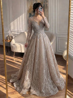 Luxury Nude Beaded V Neck Long Sleeve A Line Evening Dress LA73747