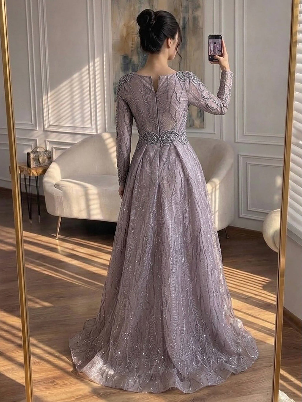 Luxury Nude Beaded V Neck Long Sleeve A Line Evening Dress LA73747