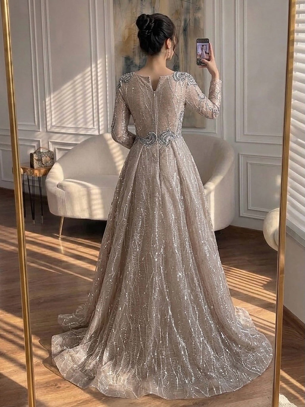 Luxury Nude Beaded V Neck Long Sleeve A Line Evening Dress LA73747