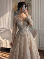 Luxury Nude Beaded V Neck Long Sleeve A Line Evening Dress LA73747