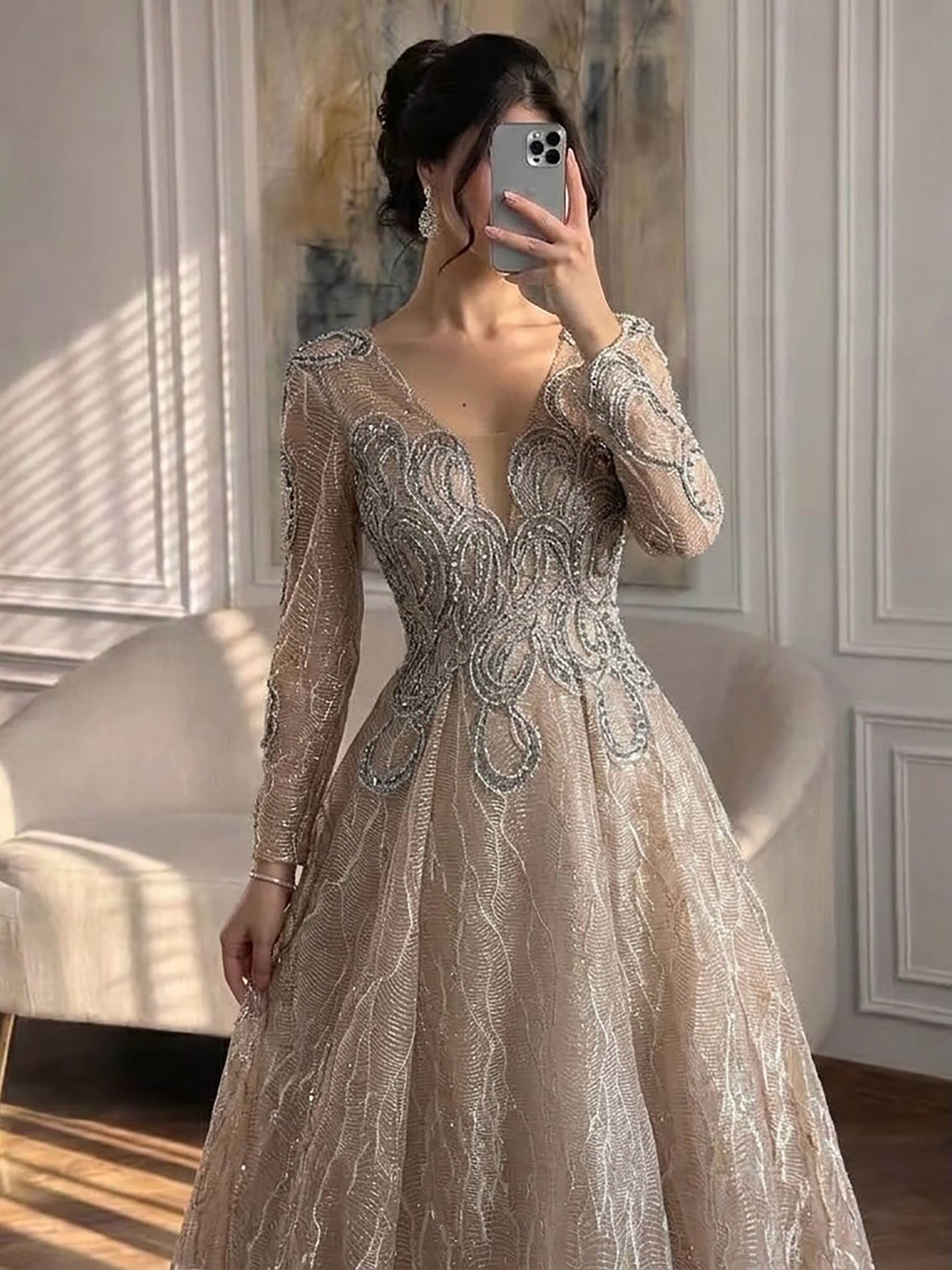 Luxury Nude Beaded V Neck Long Sleeve A Line Evening Dress LA73747