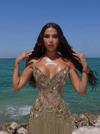 Luxury Hand Made Nude Gold Scallop Tassel Evening Dress LA73748