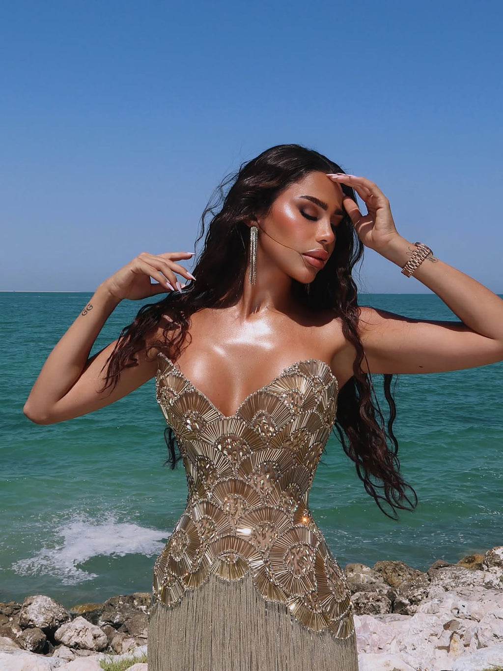 Luxury Hand Made Nude Gold Scallop Tassel Evening Dress LA73748