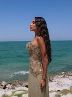 Luxury Hand Made Nude Gold Scallop Tassel Evening Dress LA73748