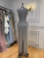 Kosovo Ultimate Luxury Gold Beaded Tassels High Neck Mermaid Evening Dress CLA73748A