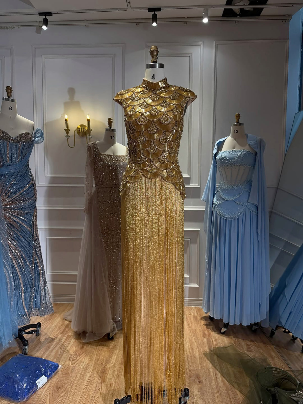 Kosovo Ultimate Luxury Gold Beaded Tassels High Neck Mermaid Evening Dress CLA73748A