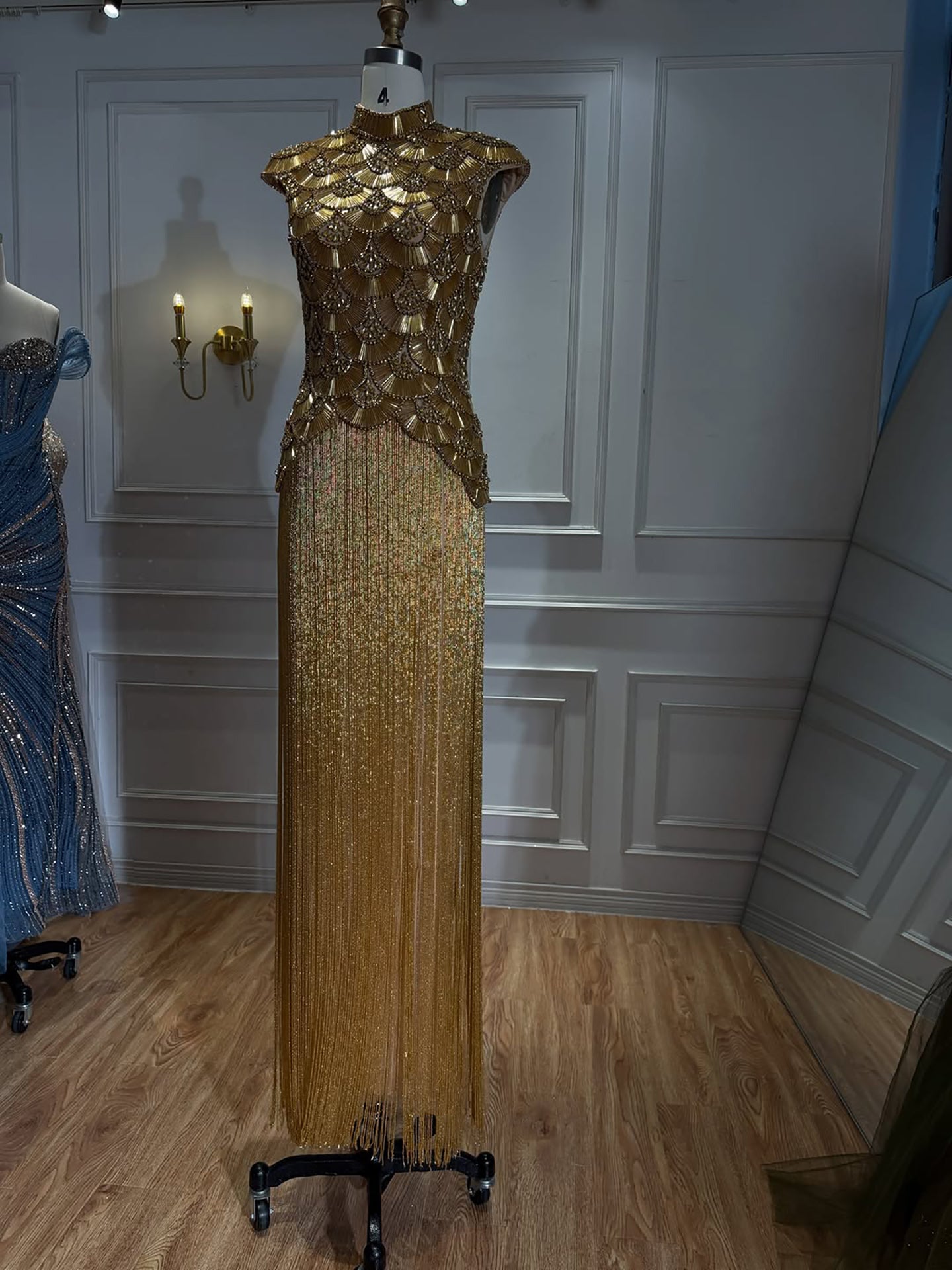Kosovo Ultimate Luxury Gold Beaded Tassels High Neck Mermaid Evening Dress CLA73748A