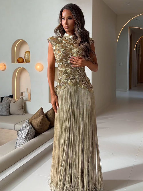 Kosovo Ultimate Luxury Gold Beaded Tassels High Neck Mermaid Evening Dress CLA73748A