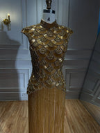 Kosovo Ultimate Luxury Gold Beaded Tassels High Neck Mermaid Evening Dress CLA73748A
