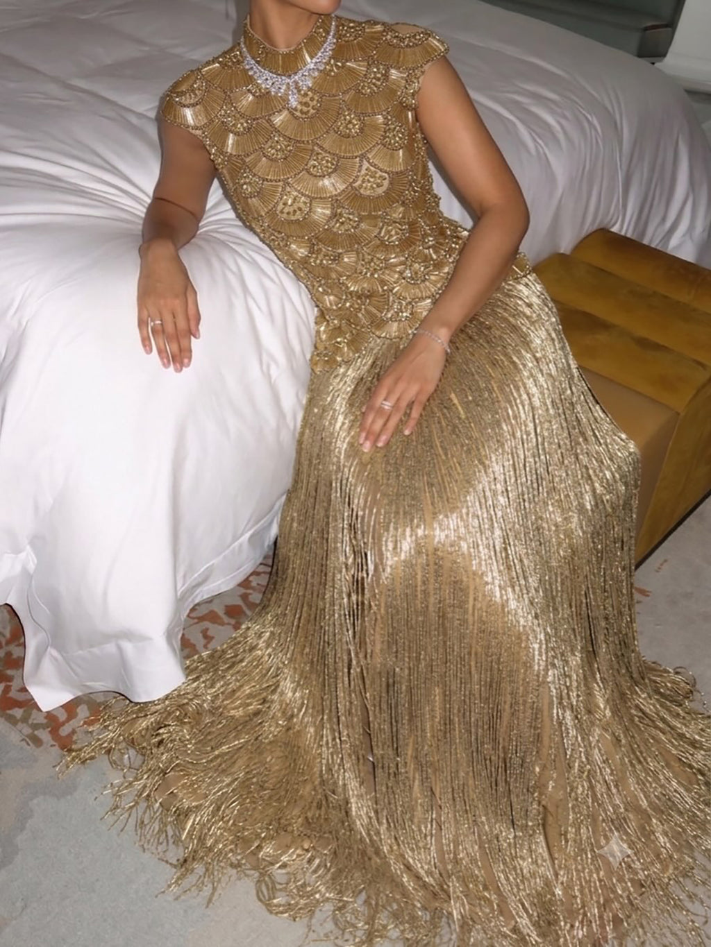 Kosovo Ultimate Luxury Gold Beaded Tassels High Neck Mermaid Evening Dress CLA73748A