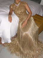 Kosovo Ultimate Luxury Gold Beaded Tassels High Neck Mermaid Evening Dress CLA73748A