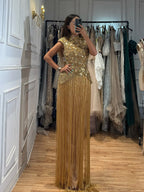 Kosovo Ultimate Luxury Gold Beaded Tassels High Neck Mermaid Evening Dress CLA73748A