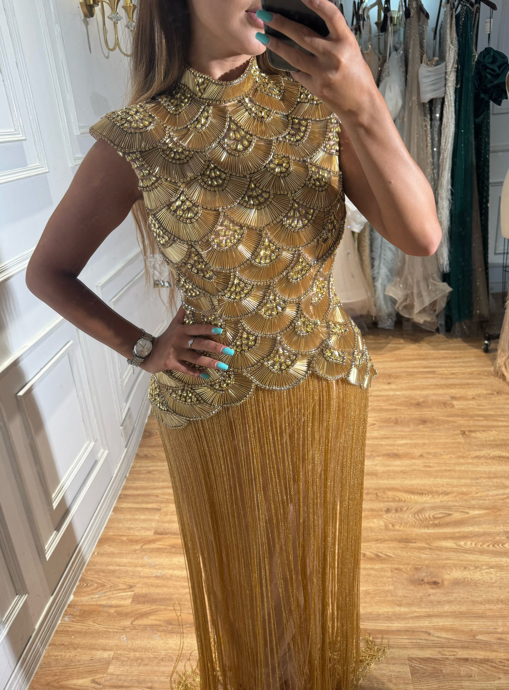 Kosovo Ultimate Luxury Gold Beaded Tassels High Neck Mermaid Evening Dress CLA73748A